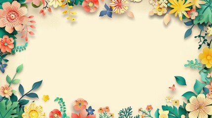Fototapeta na wymiar Floral patterns around edges. Beautiful background with delicate plants blooming at edges on white backdrop. Horizontal border with pastel spring summer flowers