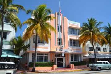 A photo of a pink and white building surrounded by palm trees, An Art Deco hotel in Miami, AI Generated - Powered by Adobe