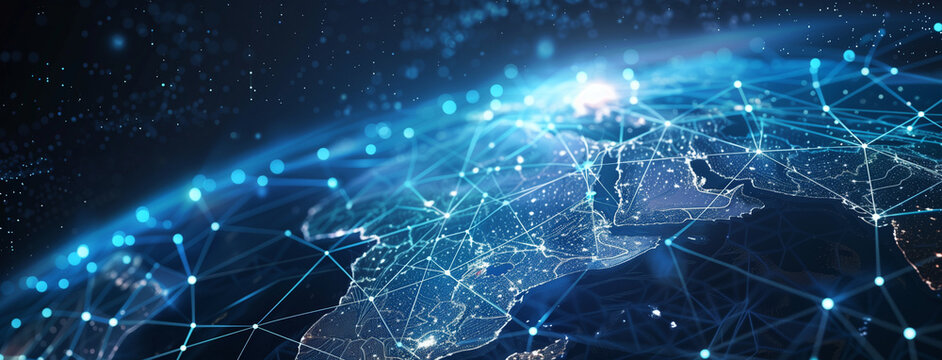 Blue planet earth, Abstract digital world map, concept of global network and connectivity on Earth, data transfer and cyber technology, information exchange and international telecommunication, Ai