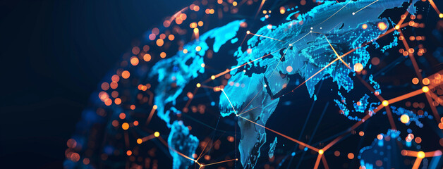 Earth Abstract digital world map, concept of global network and connectivity on Earth, data transfer and cyber technology, information exchange and international telecommunication, Ai