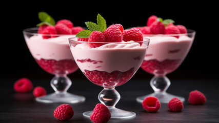 Raspberry yogurt with fresh raspberries in glasses on black background