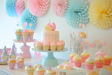 A table featuring a delicious cake and numerous mouthwatering cupcakes arranged neatly, An arts and crafts birthday party with pastel decorations, AI Generated