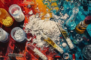 This photo displays a close-up view of a painting featuring a multitude of diverse items, An artwork depicting the process of making synthetic opioids, AI Generated