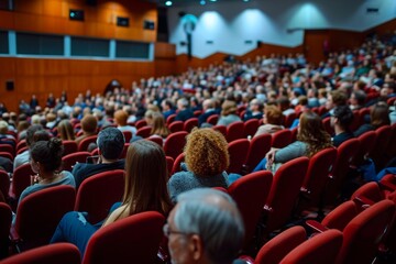 A diverse group of individuals attentively listening to a speaker in a lecture hall filled with rows of seats, An auditorium full of people attending a finance seminar, AI Generated