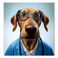 Dog with a big nose wearing glasses, a doctor's coat, with a stethoscope