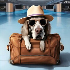 A big nose dog in sunglasses and a hat put his paws on a brown leather travel bag, waiting for a trip