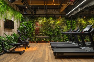 A photo of a gym featuring a row of treadmills in front of a vertical wall covered with lush green...