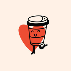 Retro doodle funny character coffee with heart poster. Vintage drink vector illustration. Latte, cappuccino, coffee cup mascot. Nostalgia 60, 70s, 80s. - 788195016