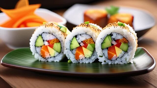BLACK DRAGON ROLL crabmeat, avocado, kappa Inside with unagi, avocado, fish flakes and fish restaurant decorated. Sushi roll set on black slate background. Various Sushi Japanese food in restaurant