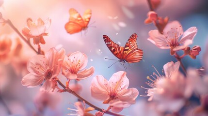 Serene Spring Landscape with Full Bloom Sakura Flowers and Butterflies Fluttering Gracefully - Delicate Beauty of Nature's Peaceful World