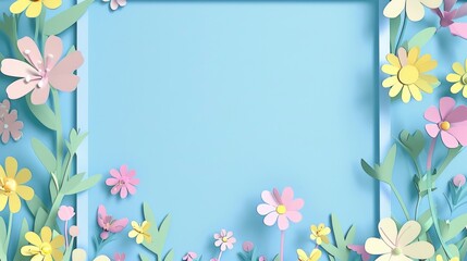 Floral patterns around edges. Beautiful background with delicate plants blooming at edges on white backdrop. Horizontal border with pastel spring summer flowers