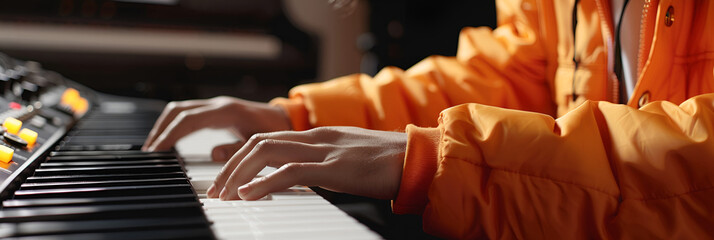 portrait of person playing piano , close-up of a pianist's hands while playing the piano , 
Photo of male hands of a person playing the piano