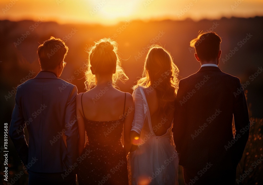 Wall mural Golden Sunset Silhouettes of Elegant Young Couples at Outdoor Event