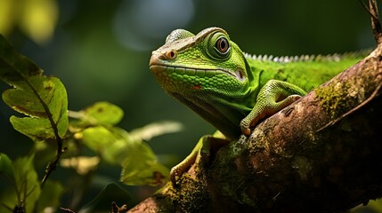Fototapeta premium A close up view reveals a green colored chameleon 