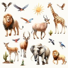Watercolor Safari animals and birds.