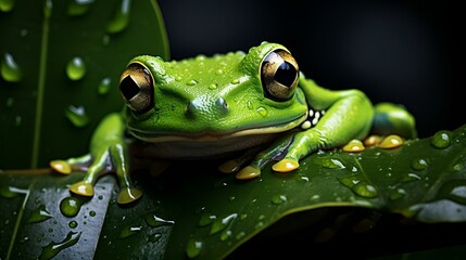 Close-up green frog on a leaf
