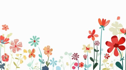 Floral patterns around edges. Beautiful background with delicate plants blooming at edges on white backdrop. Horizontal border with pastel spring summer flowers