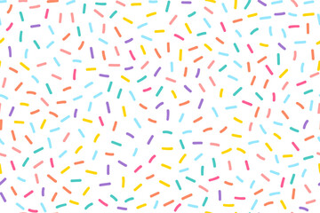 Hand-drawn cartoon pastel confetti or donut sprinkles seamless pattern. Colorful sweet candy, cake topping background texture. Design elements for poster, card, cover, and banner. Vector illustration