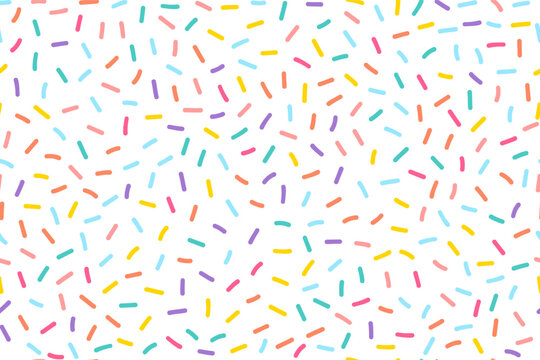 Hand-drawn cartoon pastel confetti or donut sprinkles seamless pattern. Colorful sweet candy, cake topping background texture. Design elements for poster, card, cover, and banner. Vector illustration