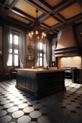 Renaissance style kitchen interior in luxury house.