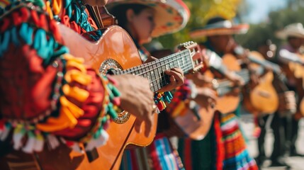 Mexicans play guitar in traditional clothes