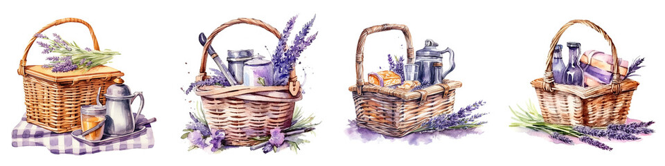 Watercolor illustration of picnic basket with lavender and food - 788196279
