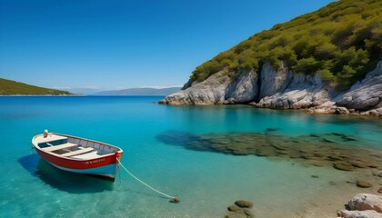 solitary boat moored in a calm bay with clear turquoise waters and a rocky shoreline under a bright blue sky created with generative ai. - obrazy, fototapety, plakaty