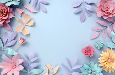 Flowers, wallpaper and design or creativity for art with colors for 3d and visualization. Abstract, artistic and paper of plant for background or decor with floral, leaves and nature with mockup