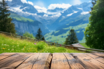 Weathered wooden product table display, swiss mountains on background