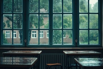 Fototapeta premium Rain falls outside of a restaurant window, creating a blurry view of the wet street and people passing by with umbrellas, An empty classroom seen through the window on a rainy day, AI Generated