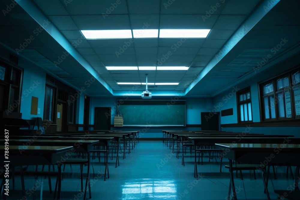 Poster A vacant classroom showing rows of desks and a large projector screen at the front, An empty, eerie classroom sparsely lit by a single overhead light, AI Generated