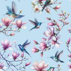 Seamless pattern with floral romantic elements, Colibri for your design. Humming birds and watercolor magnolia flowers.