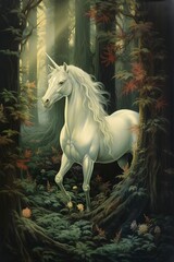 Obraz na płótnie Canvas Vintage Antique old illustration of a white unicorn in a green forest style oil painting realistic art wall print background, invitation card, fairytale, children's book