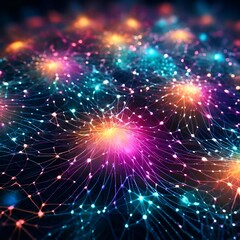 Colored beams with lights connected to each other, on a dark background, neural network