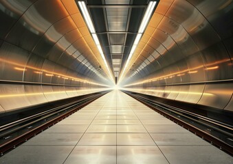 Modern Futuristic Subway Tunnel with Symmetrical Lights Leading to Bright Horizon.