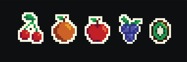 Retro pixel art food isolated icons with 8bit pixel fruits and vegetables. Vintage 8 bit console game asset, computer arcade vector items set with berries and exotic fruits - 788197059