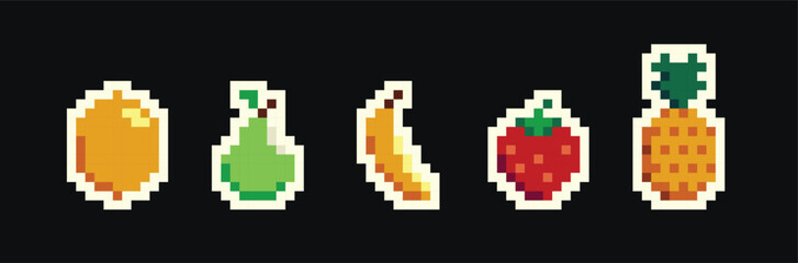 Retro pixel art food isolated icons with 8bit pixel fruits and vegetables. Vintage 8 bit console game asset, computer arcade vector items set with berries and exotic fruits - 788197646
