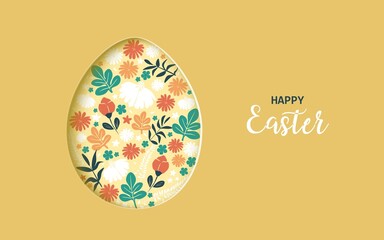 Illustration. Happy Easter. Postcard with a cute cut-out Easter egg and the inscription 