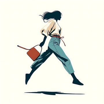 Minimalist Illustration: Woman Jumping, running or walking in Casual Wear on white Background