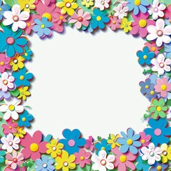 Fototapeta premium Floral patterns around edges. Beautiful background with delicate plants blooming at edges on white backdrop. Horizontal border with pastel spring summer flowers