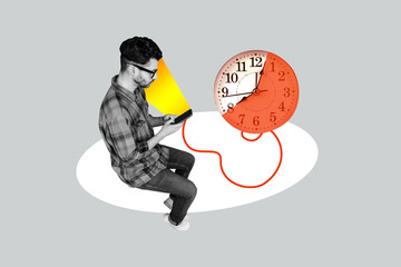Creative collage picture sitting young addicted man smarphone browsing screen light hypnosis deadline time management countdown