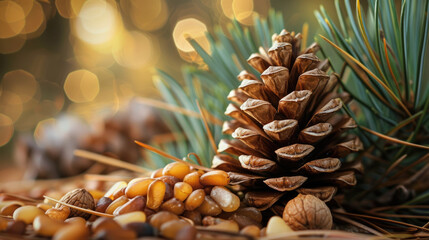 Pine nuts with pine cone and branches. Peeled pine cone kernels. Healthy organic nutrition, source of vegetable fats and vitamins