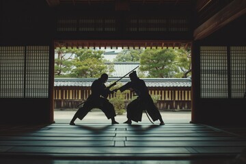 A photo capturing a couple of individuals standing in a room, engaging in conversation, An epic duel between two martial artists in a traditional dojo, AI Generated