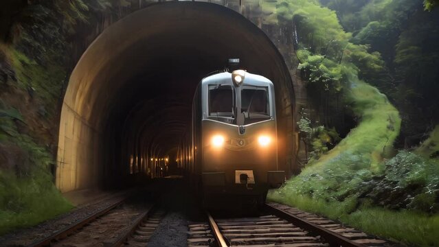 TRAIN WITH LIGHTS ON, LEAVING A TUNNEL. VIDEO. HORIZONTAL