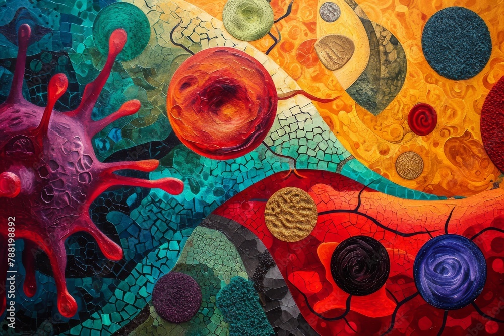 Poster a diverse display of colors and shapes, an ethnic painting showcasing the functions of different blo