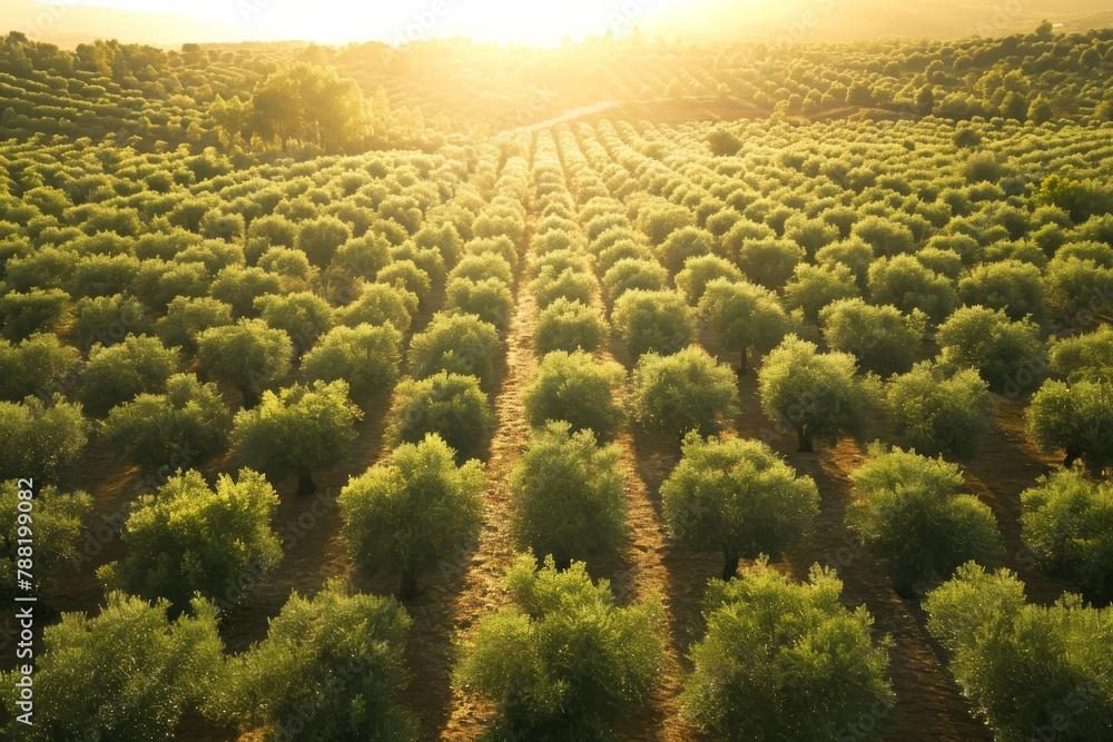Poster a view from above showcasing a vast expanse of trees with the sun shining brightly in the background