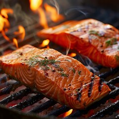 Grilled Salmon with Fresh Herbs, Flame-Cooked Seafood, Gourmet BBQ Flavors, fish, grilled, barbecue