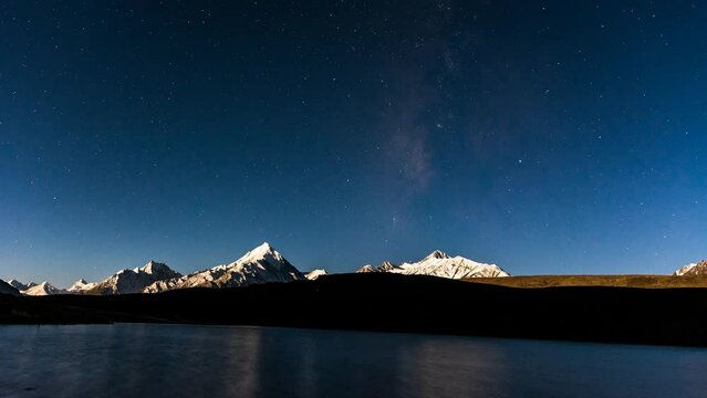 Chandratal lake with milkyway background on full moon night. The chandratal lake is also known as lake of the moon