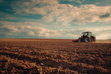 Obraz premium A tractor plows the agricultural field, preparing the fertile soil for the planting season