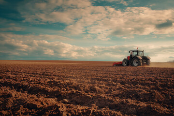 A tractor plows the agricultural field, preparing the fertile soil for the planting season
